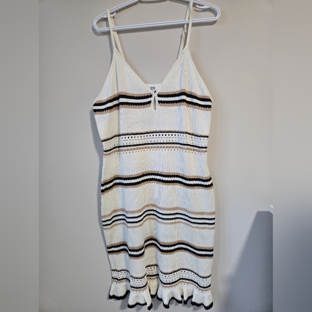 Madden NYC striped crochet knit midi dress, ruffle hem, adjustable straps